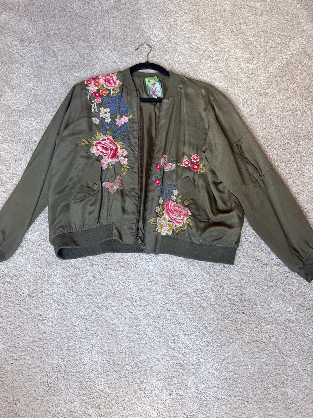 Johnny Was Embroidered Olive Green Bomber Jacket with Floral Accents